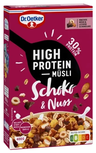 Dr. Oetker Vitalis muesli čokolada–lešnik z visoko vsebnostjo beljakovin