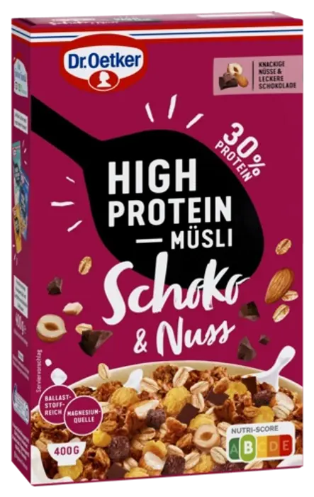 Dr. Oetker Vitalis muesli čokolada–lešnik z visoko vsebnostjo beljakovin