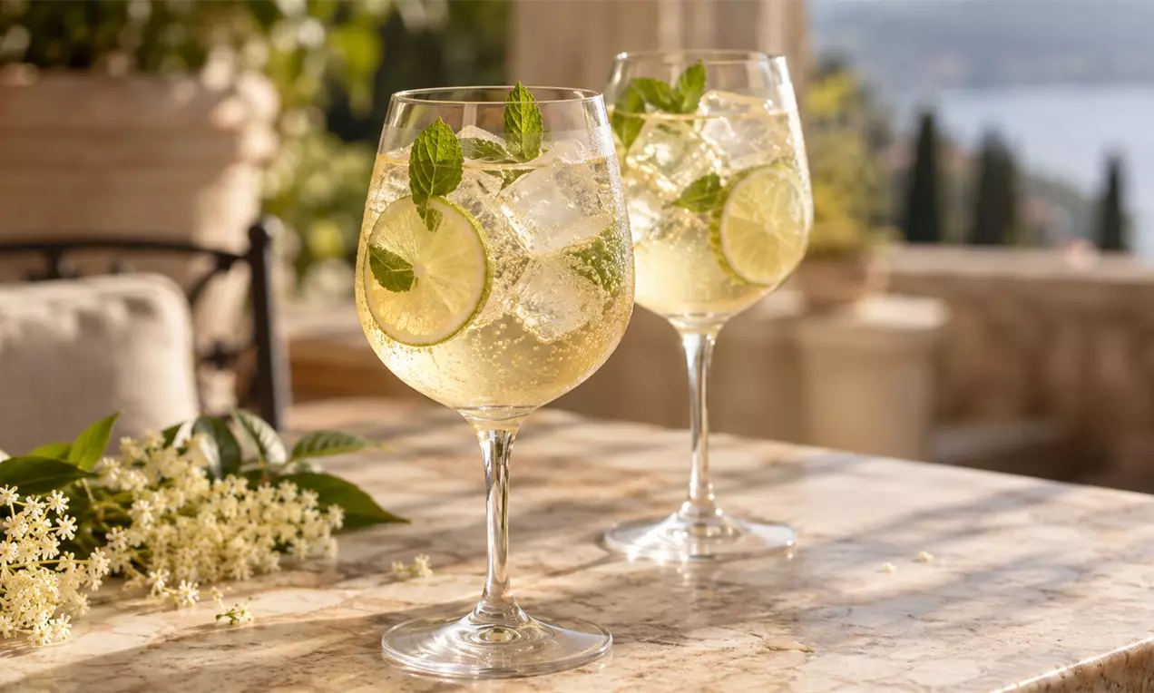 Svetleč rumen Bazga Spritz v širokih vinskih kozarcih z rezinami limete, kockami ledu in listi mete na kamniti mizi ob cvetovih bazge, AI-labeled image