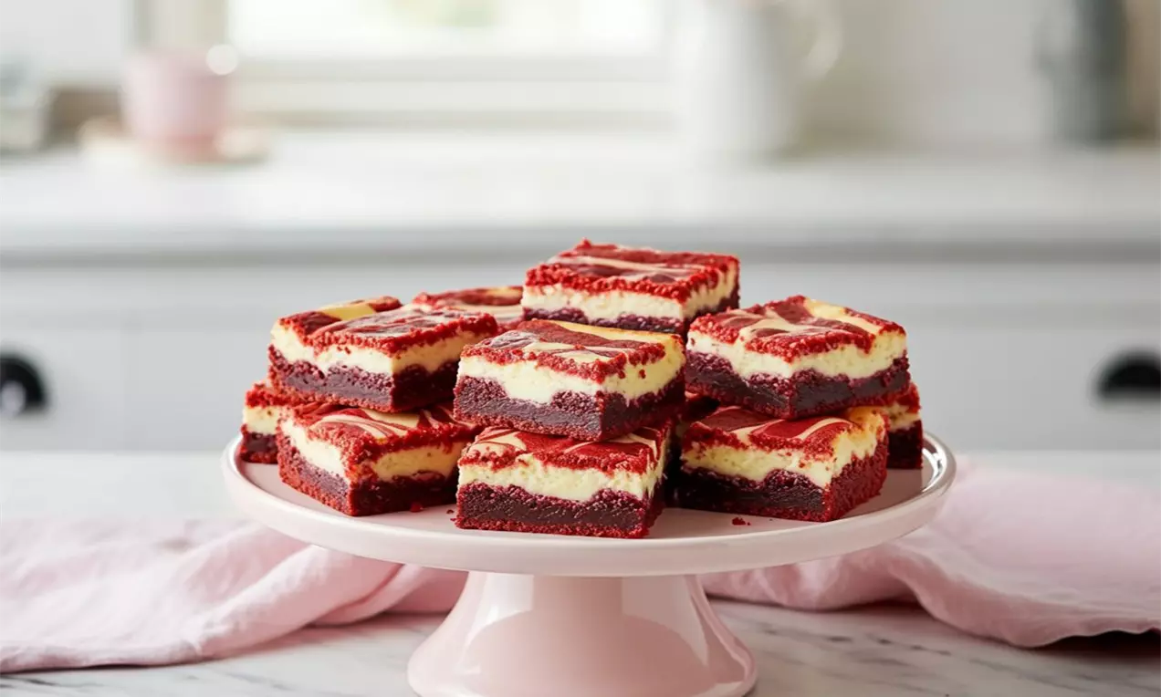 Kocke rdečega brownie biskvita z marmornato kremasto belim cheesecake slojem na svetlo rožnatem stojalu, obdane s svetlim dekorjem.